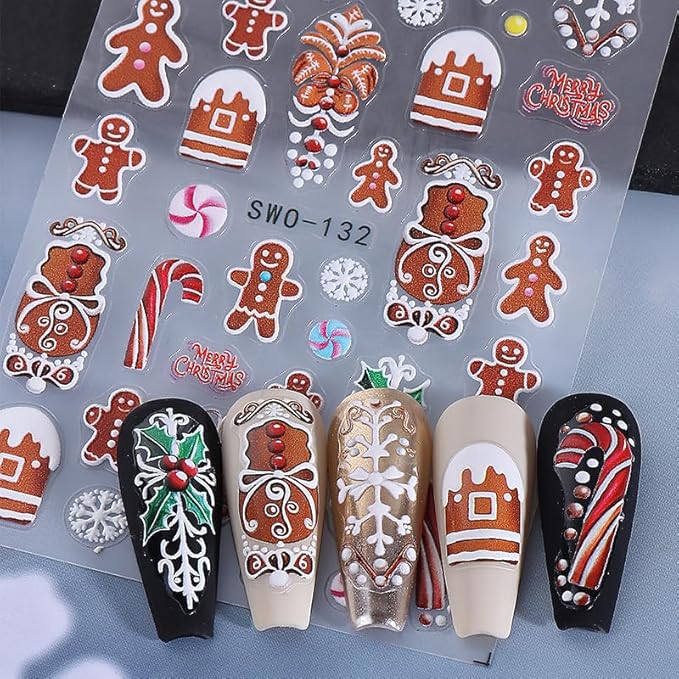 2Pcs Christmas Nail Stickers Snowflake Decals for Nail Art Red Bow Nail Design 5D Embossed Christmas Gift Nails Art Supplies Fawn Pine Tree Nails Accessories for Women DIY Manicure Art Decoration