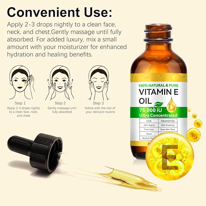 Vitamin E Oil Blend 75,000 IU, Pure Vitamin E Oil for Skin, Scars, Nails and Scalp, Hydrating Dry Skin, Face and Body Moisturizer, Reduce Stretch Marks, Fine Lines & Wrinkles, 2Fl Oz