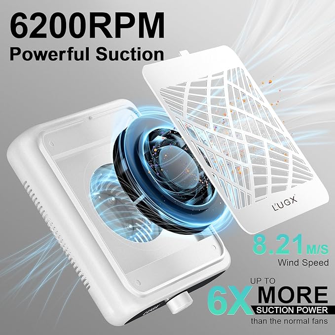 L'UGX Rechargeable Nail Dust Collector with 2 Reusable Filter, Professional Nail Vacuum Dust Collector Nail Tech Fan Extractor Powerful Suction Machine, Perfect for Home Salon Use