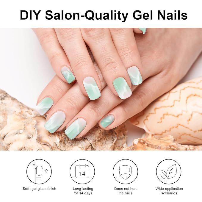 Semi Cured Gel Nail Strips, Green Waves | 28 pcs Gel Nail Strips Work with Any UV Lamp, Salon Quality UV Nails Stickers, Easy to Apply for Home Nails DIY