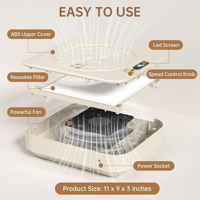 Professional Nail Dust Collector with 2 Reusable Filters, 45-Gear Powerful Nail Fan Dust Extractor with Stepless Speed Variation Tech, Manicure Vacuum Duster for Nails Salon, Low Noise