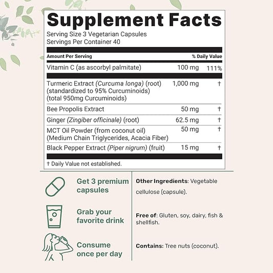 Micro Ingredients Turmeric Curcumin Supplement 1,000mg, 120 Veggie Capsules | 95% Curcuminoids with Bee Propolis, MCT Oil, Vitamin C & Black Pepper | Enhanced Absorption | Vegan, Non-GMO, Filler Free