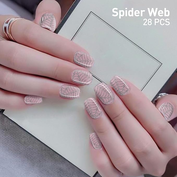 Semi Cured Gel Nail Strips | 28 pcs Gel Nails Strips Halloween Work with Any UV Lamps, Long Lasting UV Nail Stickers for Women DIY Nails Wraps (Spider Web)