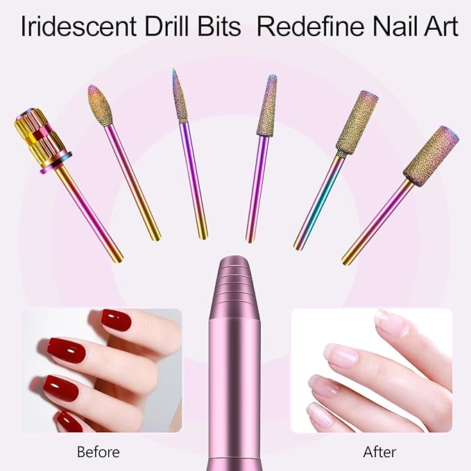 Electric Nail Drill, Professional Acrylic Nail Drills Machine for Gel, Acrylic Nails, Portable USB Electric Nail File Efile Set with Iridescent Nail Drill Bits, Manicure Pedicure Nail Tools