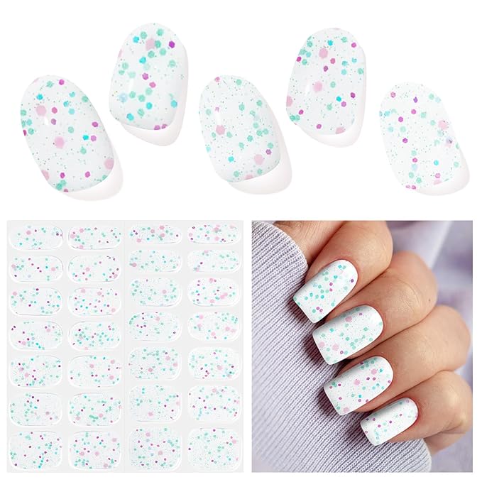 Semi Cured Gel Nail Strips, Firefly | 28 pcs Gel Nail Stickers Wraps Work with Any UV Lamp, Salon Quality, Include Prep Pads, Wood Stick