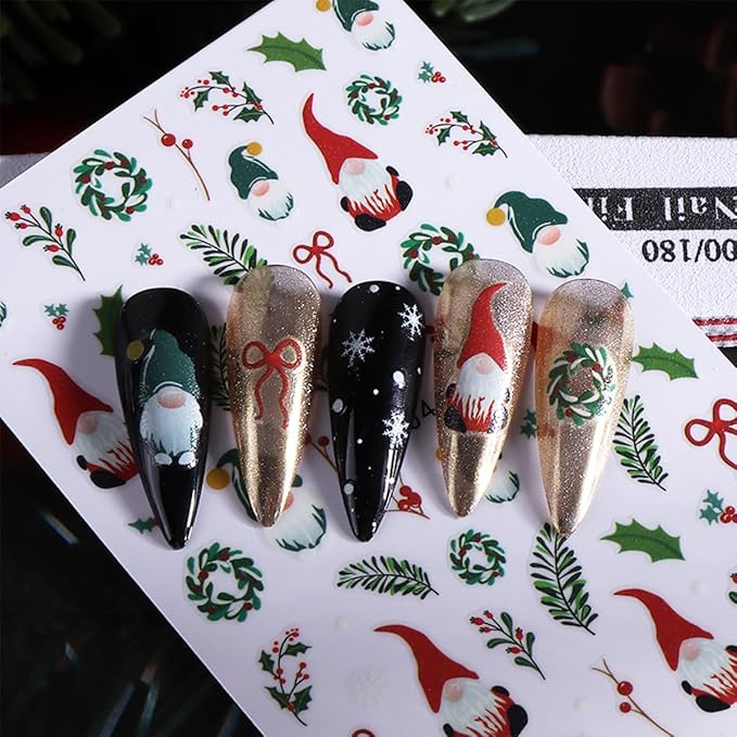 6 Sheets Christmas Nail Stickers 5D Embossed Holly Nail Art Stickers Snowflake Xmas Tree Santa Claus Candy Cane Designs Colorful Light String Nail Decals for Women DIY Acrylic Manicure Decoration