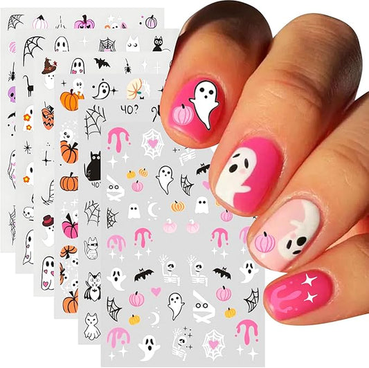 12Pcs Halloween Nail Stickers - 3D Self-Adhesive Halloween Nail Decals - Pink Ghosts Skull Pumpkin Nail Design Decorations for Halloweens DIY Manicure Supplies