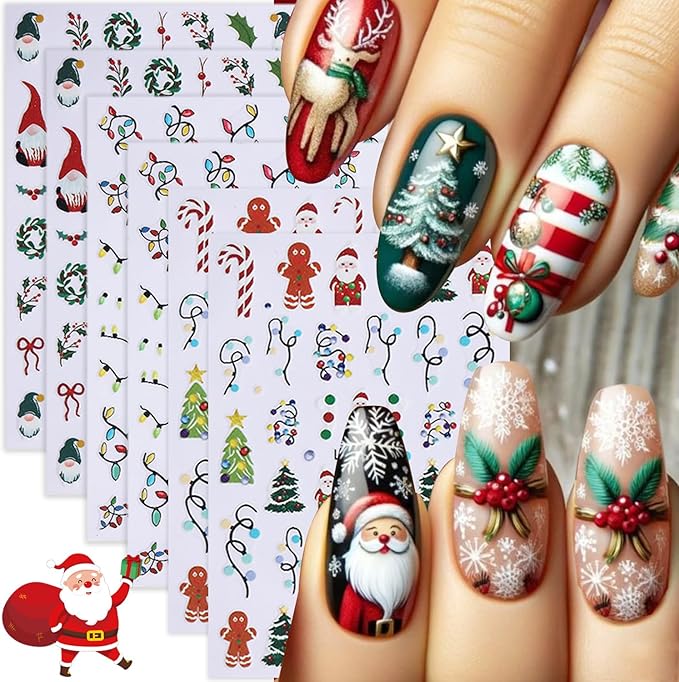 6 Sheets Christmas Nail Stickers 5D Embossed Holly Nail Art Stickers Snowflake Xmas Tree Santa Claus Candy Cane Designs Colorful Light String Nail Decals for Women DIY Acrylic Manicure Decoration
