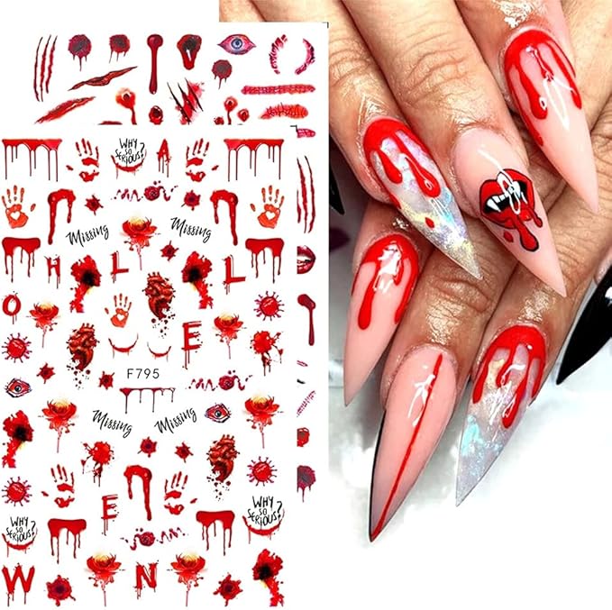 TOFD Blood Nail Art Stickers Halloween Sticker Decals, Self Adhesive 3D Supplies Scar Clown Snake Eye Heart Designs for Women Girls Acrylic Nails, 4 Count (Pack of 1)