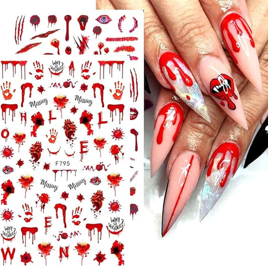 TOFD Blood Nail Art Stickers Halloween Sticker Decals, Self Adhesive 3D Supplies Scar Clown Snake Eye Heart Designs for Women Girls Acrylic Nails, 4 Count (Pack of 1)