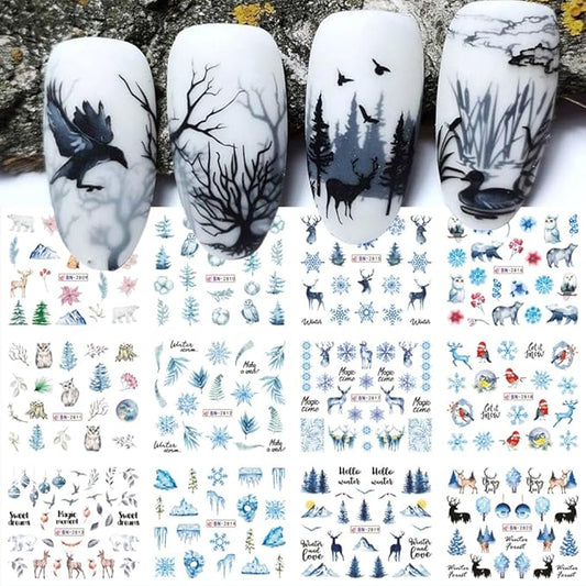 12 Sheets Snowflake Nail Art Stickers Water Transfer Nail Decals Christmas Nail Art Decorations Blue Snowflake Elk Santa Tree Bear Cute Winter Pattern Watermark Nail Stickers for Women DIY Nail Supply