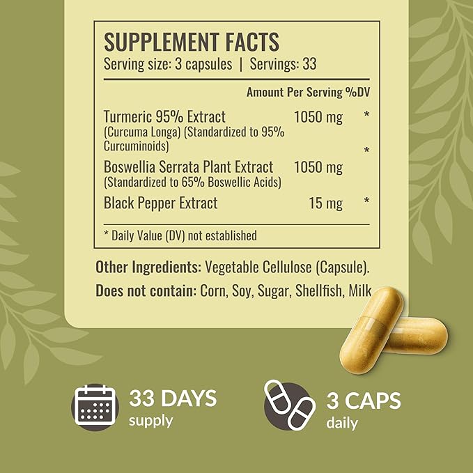 HERBAMAMA Turmeric and Boswellia Extract Capsules - 2100mg Boswellia Serrata & Turmeric Complex with Black Pepper Extract - Vegan, Non-GMO, 95% Curcuminoids Antioxidant Supplement, 100 Caps