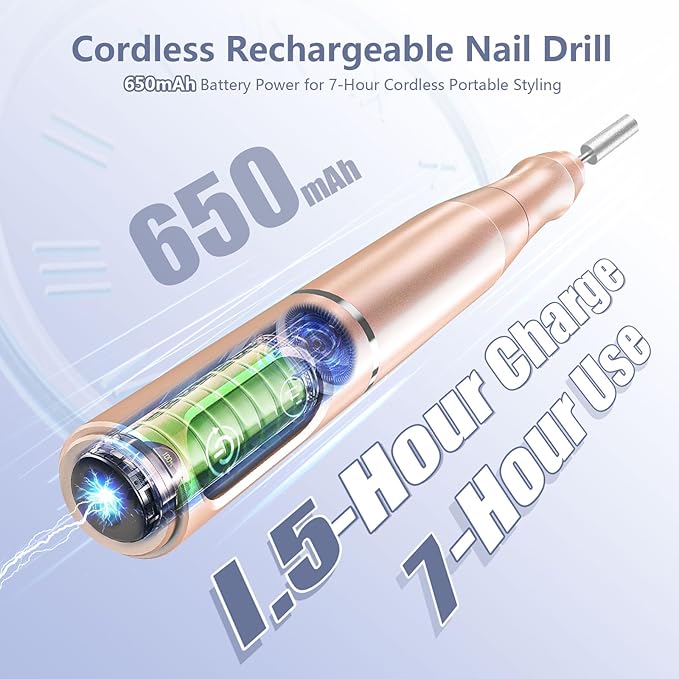 Cordless Nail Drill Electric Rechargeable File Kit, Professional Efile Acrylic Gel Nail Polish Remover Pedicure Manicure Machine Portable Set with 11 Bits 56 Sanding Bands for Salon Home (Gold)