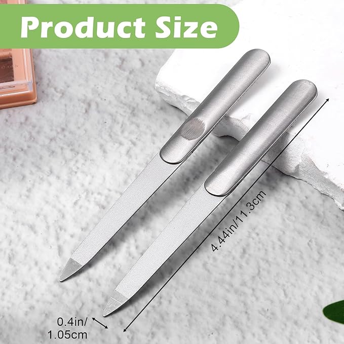 2 PCS Diamond Emery Board Double Sided Metal Nail File Stainless Steel Finger Nail Buffer Manicure Pedicure Tool Precision Fingernail File Natural Fingernail for Salon Home Travel Women Men