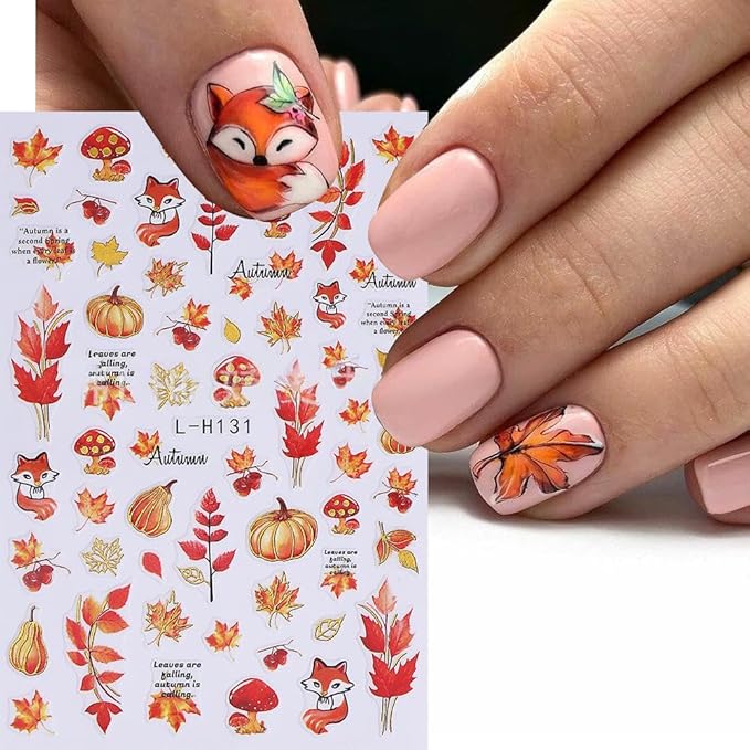Fall Nail Art Stickers Autumn Maple Leaf Nail Decals 6PCS Fallen Leaf Pumpkins Foxes Pinecone Fall Nails Design Adhesive Stickers Nail Art Supplies for Thanksgiving Day Women Manicure Nail Decorations