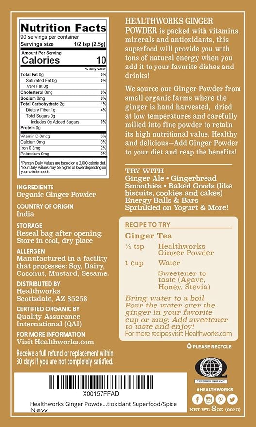 Healthworks Superfoods Organic Ginger Powder - 8 Oz - Ground, Raw & All-Natural - Keto, Vegan - Great with Coffee, Tea & Juices - Superfood/Spice