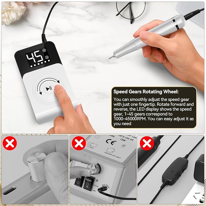 Cadrim Portable Electric Nail Drill Professional 45000 RPM, 2025 Upgrade-Speed Control Disc, Rechargeable Electric Nail File for Acrylic Gel Nails, Nail Drill Kit for Salon Home, White
