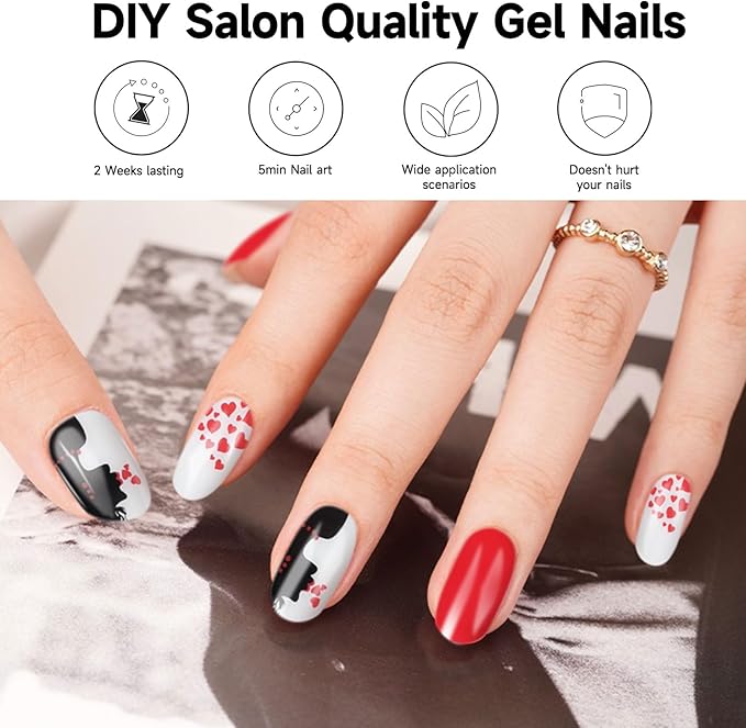 Semi Cured Gel Nail Strips, 28 pcs Gel Nails Stickers for Women Wedding Party Work with Any UV Lamp, Long Lasting Nail Wraps for Home DIY Nails Art (Love Kisses)