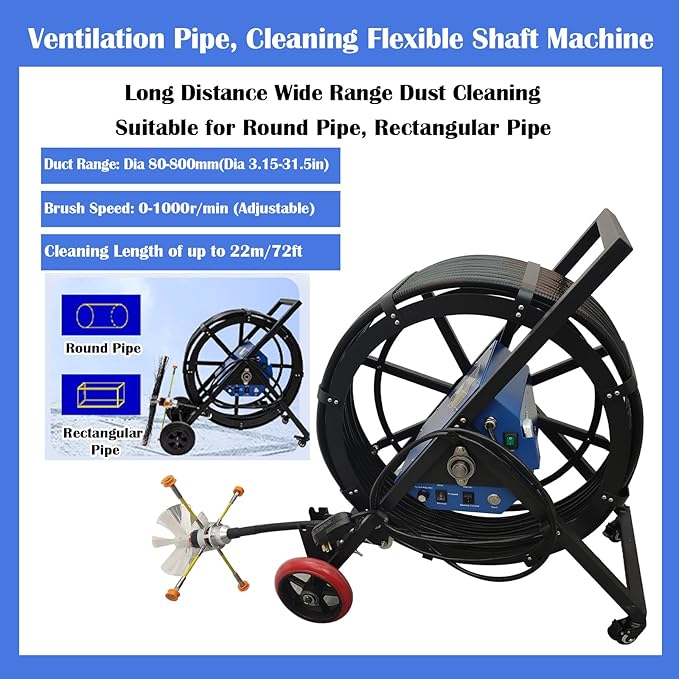 110V Air Duct Cleaning Machine Pipeline Cleaning Machine 0~1000r/min Brush Speed 3 Rotary Brush Flexible Shaft Dust Collector for Dia 80-800mm Industrial/Workshop/Air Conditioning Pipe