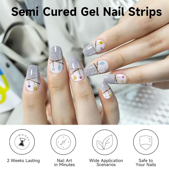 Semi Cured Gel Nail Strips, 28 pcs Gel Nail Stickers Work with Any UV Lights, Long-Lasting Nail Wraps, Stick on Nails for women Easy to Apply & Remove