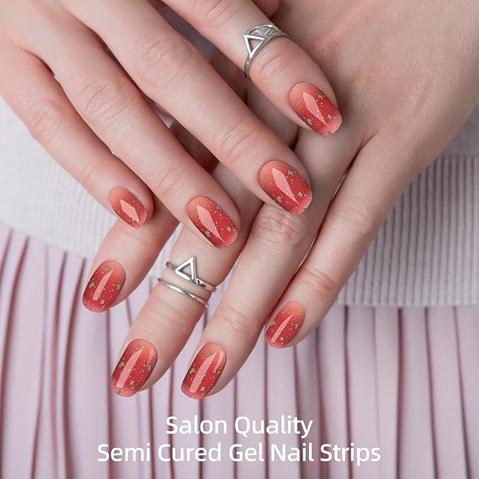 Semi Cured Gel Nail Strips, 28 pcs Gel Nails Stickers for Women Work with Any UV Lamp, Long Lasting Nail Wraps for Home DIY Nails (Gold Shard)