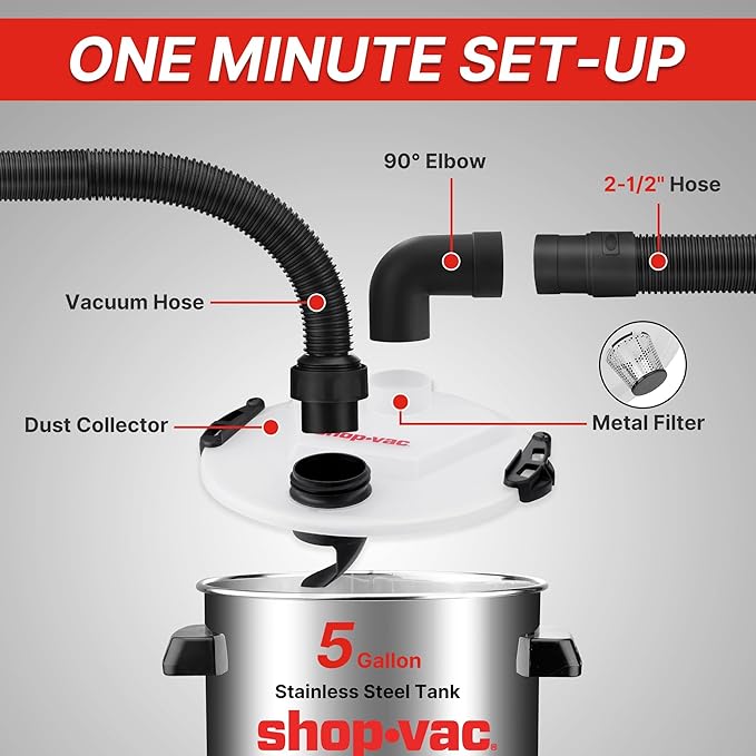 Shop-Vac Dust Collector with 5 Gallon Stainless Steel Tank, Movable Bucket for Woodworking, Easy Disposal of Dust & Debris, Prolong Filters Life, Elbow Fittings, 2-1/2" Hose and Filter Included