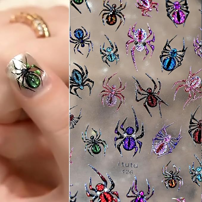 1 Sheets Halloween Nail Stickers for Nail Art 5D Embossed Self-Adhesive Spider Web Nail Art Stickers Laser Spider Web with Glitter Nail Supplies Halloween Nail Decals for Women Acrylic Manicure