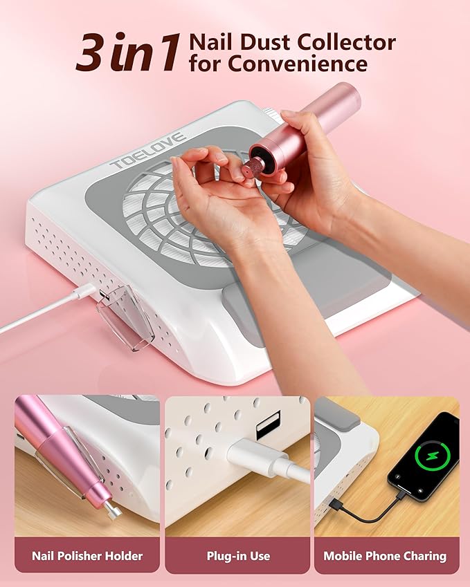 Upgraded Nail Dust Collector with Hand Rest, 10 Speeds, Reusable Filter, Quiet & Rechargeable, Professional Nail Fan Dust Tech Machine for Acrylic Gel Nails Polishing, Salon & Home, White
