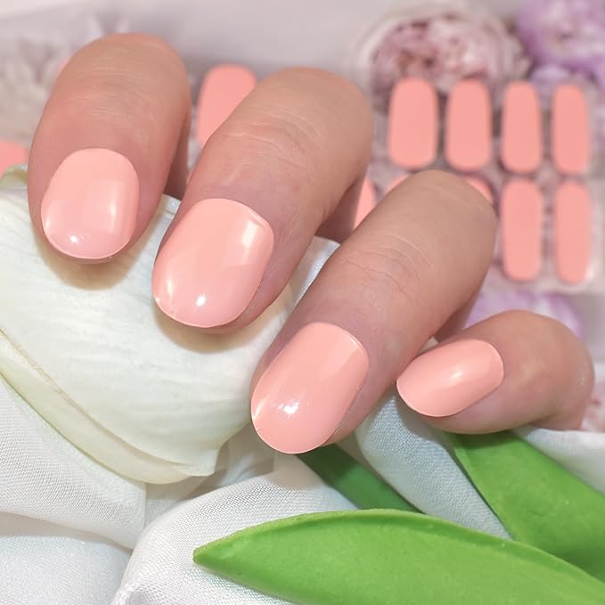 Semi Cured Gel Nail Strips (Light Pink)-22 PCS Wine Red Nail Stickers | Works with Light | Manicure Wraps, Salon Quality & Easy to Use