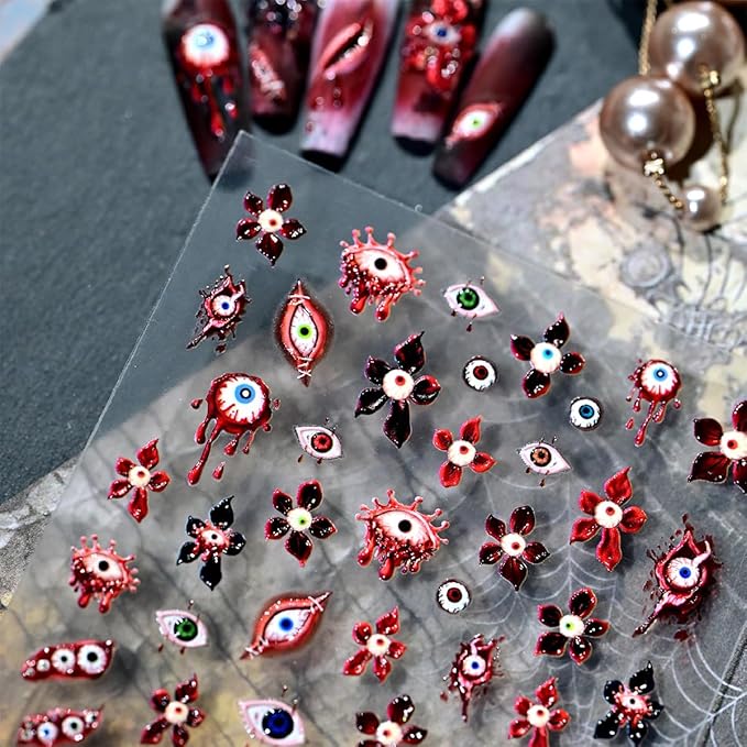 1 Sheets Halloween Nail Stickers for Nail Art 5D Embossed Nail Art Stickers Horror Blood Eye Flower Design Sticker Gothic Nail Decals Nail Art Supplies for Women Acrylic Nail Decorations