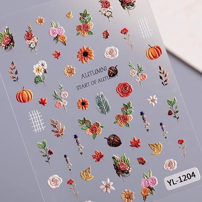 Fall Nail Art Stickers Decals 5D Embossed Maple Leaf Nail Decals Autumn Nails Stickers Pumpkin Colorful Flower Pine Cones Autumn Nail Supplies for Women Thanksgiving Day Acrylic Manicure Decoration