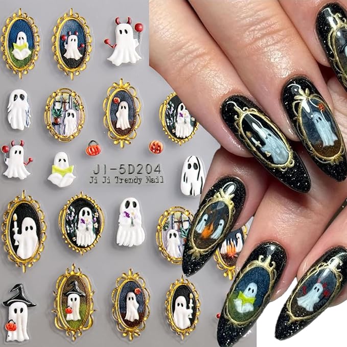 Halloween Nail Art Stickers Decals 5D Embossed Nail Stickers Spider Ghost Pumpkin Nail Art Decals Self-Adhesive Retro Picture Frame Ghost Nails Supplies Colorful Spiders Nails Decorations for Women