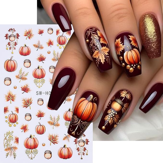 Fall Nail Art Stickers Autumn Leaf Pumpkin Nail Decals 3D Self-Adhesive Nail Art Supplies 6PCS Maple Leaves Pumpkin Nails Design Fall Stickers for Nails Women DIY Manicure Decorations Accessories