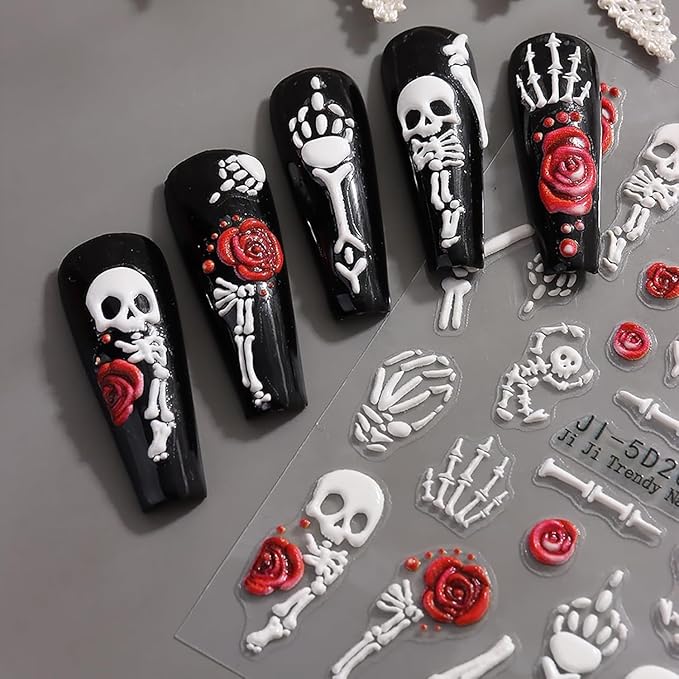Halloween Nail Stickers 5D Embossed Skull Skeleton Nail Decals DIY Self Adhesive Nail Design Sticker Halloween Nail Decoration Supplies Holiday Manicure Accessories for Women Girls 3Pcs
