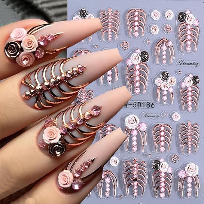 Halloween Nail Stickers 5D Embossed Skull Skeleton Nail Decals DIY Self Adhesive Nail Design Sticker Halloween Nail Decoration Supplies Holiday Manicure Accessories for Women Girls 3Pcs