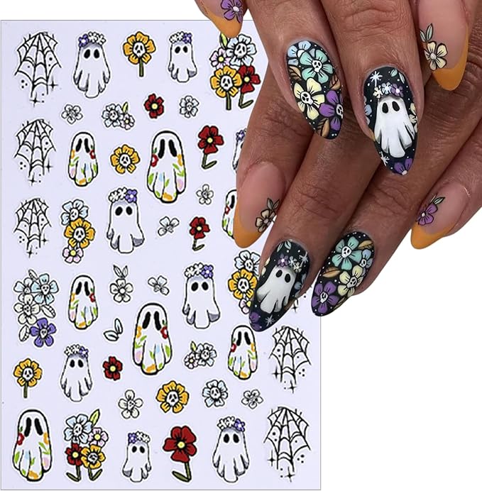 8 Sheets Halloween Nail Art Stickers 3D Self Adhesive Cute Ghost Pumpkin Nail Decals Flower Spooky Mushroom Nail Design Spider Bats Blood Drop Supplies for Women Scary Halloween Manicure Decoration