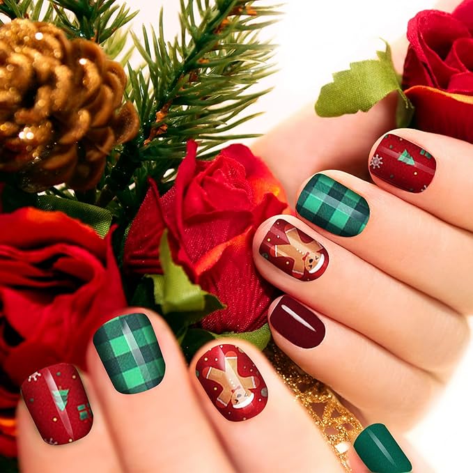 140 Pcs 10 Sheets Christmas Full Wrap Nail Stickers Polish Strips Plaid Gradient Stickers Glitter Self Adhesive DIY Art Decals Strips with 2 Pcs Nail Files for Xmas Decor (Plaid Style)