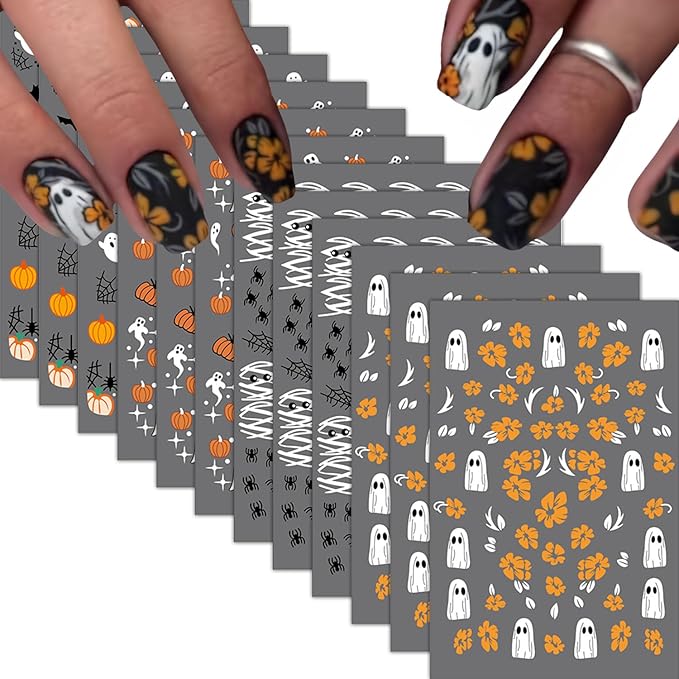 12 Sheets Halloween Nail Art Stickers Cute Ghost 3D Self-Adhesive Nail Decals Bat Mummy Skull Pumpkin Designs Nail Decorations Fall Maple Leaf DIY Manicure Supplies for Women Girls
