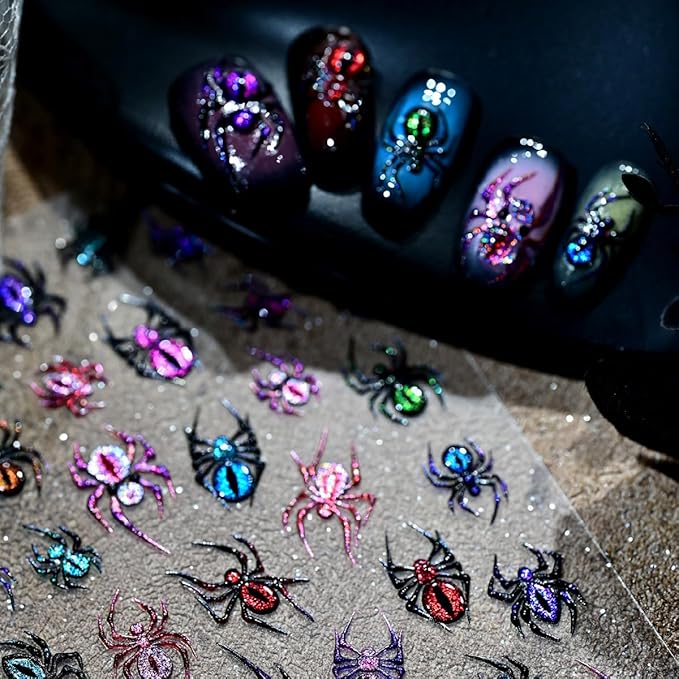 1 Sheets Halloween Nail Stickers for Nail Art 5D Embossed Self-Adhesive Spider Web Nail Art Stickers Laser Spider Web with Glitter Nail Supplies Halloween Nail Decals for Women Acrylic Manicure