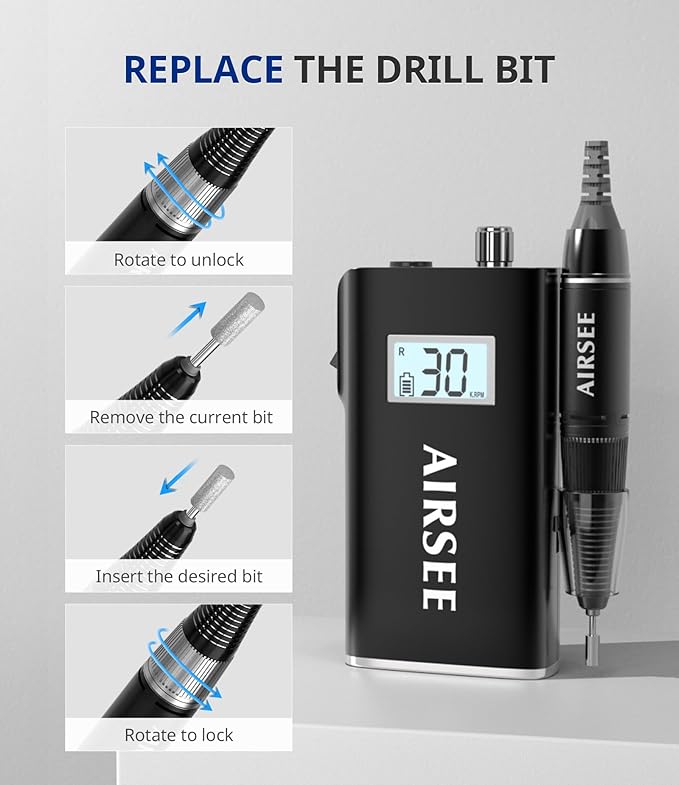 AIRSEE Rechargeable 30000RPM Electric Nail Drill Professional Portable E File Machine for Acrylic Nail Natural Extension Gel Nails Polish Cuticle, Cordless High Speed for Salon Home Use E8 Black