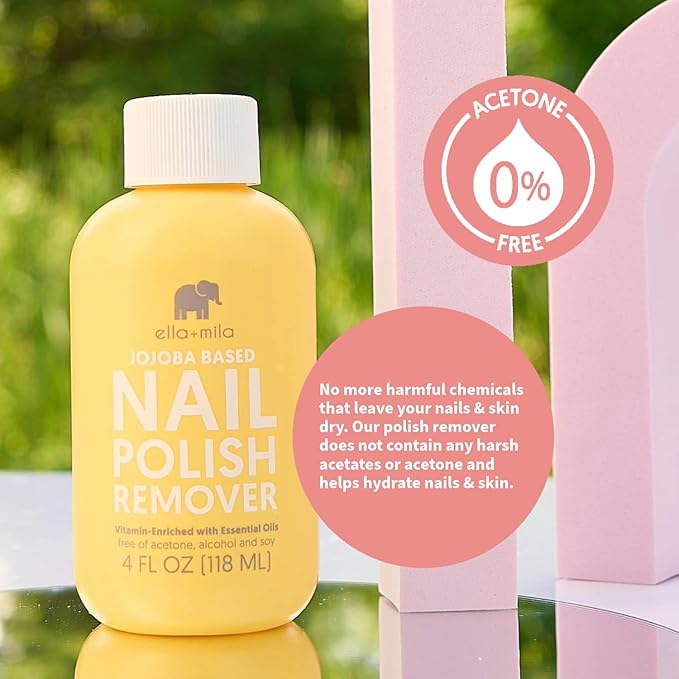 ella+mila Jojoba Nail Polish Remover Non-Acetone Nail Polish Remover - Non-Toxic Fingernail Polish Remover - Enriched With Jojoba oil & Vitamins (4 fl oz) Yellow