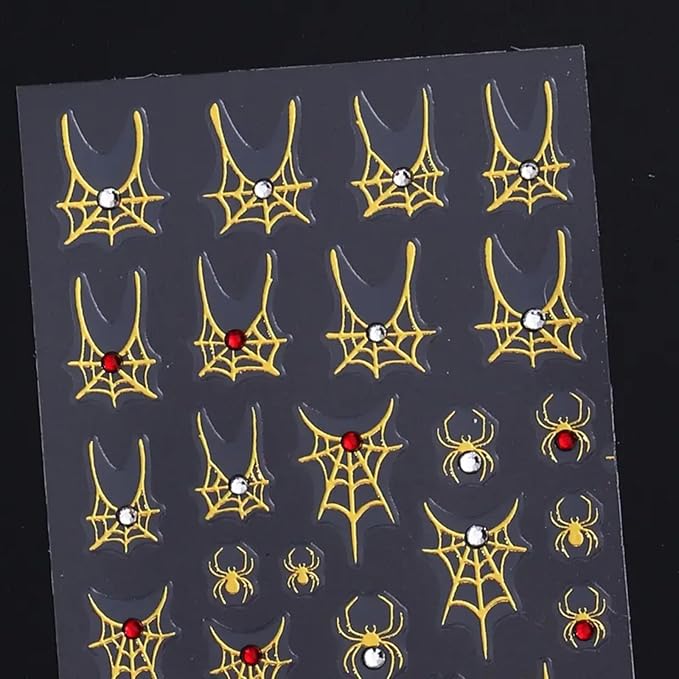 Halloween Nail Art Stickers Decals 4PCS Golden Spider Web Spider Nail Decals with Rhinestone White Red Crystal Spider Web Spider Nail Stickers Bow Heart Halloween Nail Art Supplies for Women Manicure