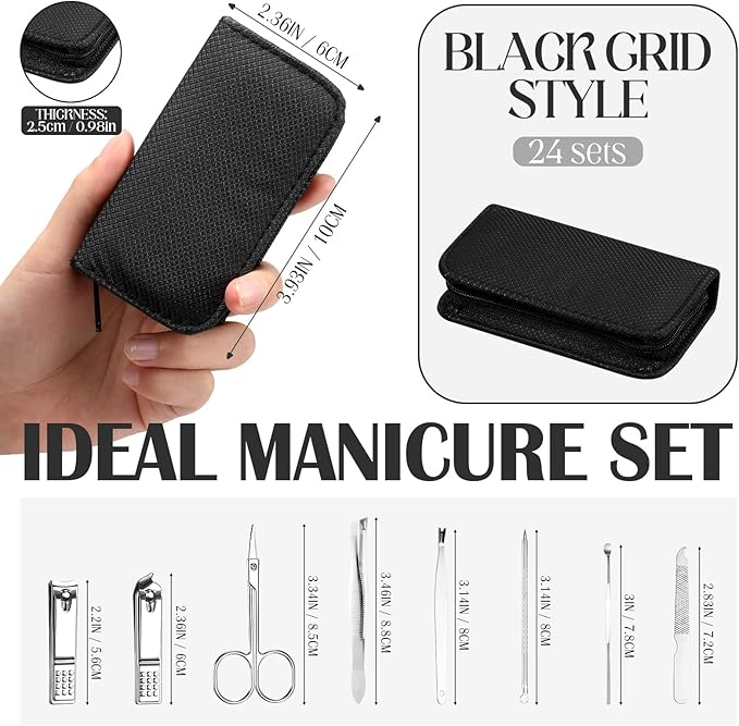 Coume 24 Sets Manicure Set Bulk Rad Tech 8 in 1 Nail Clippers Kit Luxurious Travel Case Stainless Steel Nails Care Tool Office Gift for Coworker Nurse Practitioner Week Christmas(Black)