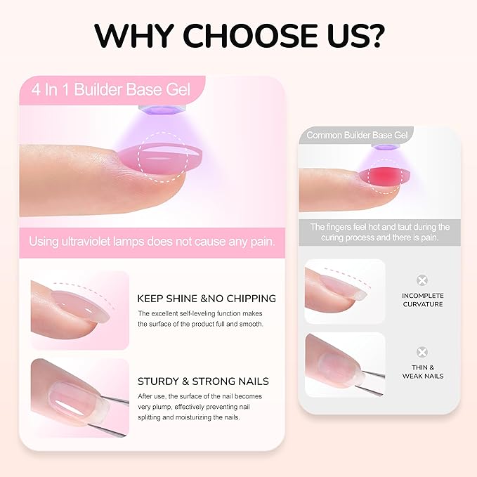 Builder Rubber Base Gel, Soak Off Glitter Building Gel Hema Free for Beginners & DIY, Shine Finish Long Lasting Skin Tones Fall Nail Polish LED UV Curing