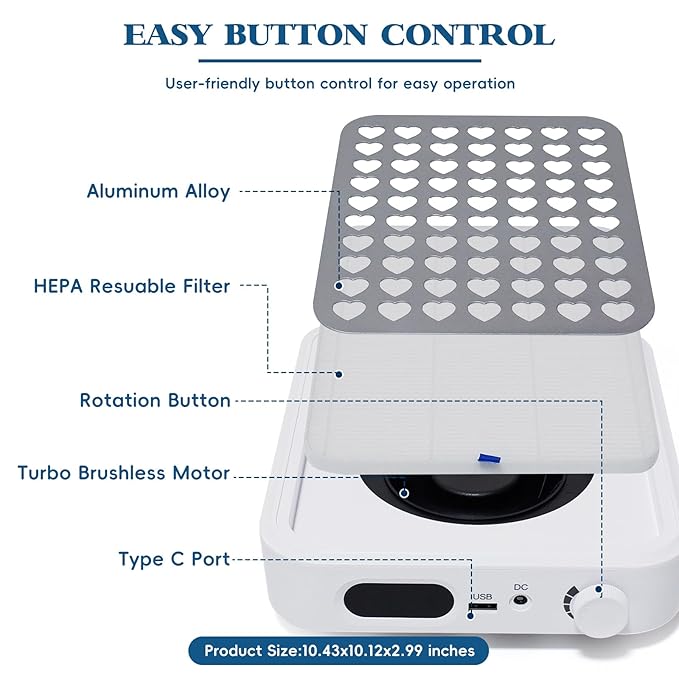 Rechargeable Nail Dust Collector - Professional Dust Collector Nail Tech with LED Display, Adjustable Speed, 2 Reusable Filter, and Strainer Panel for Acrylic Nails Polishing Manicure Salon Home