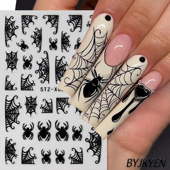 8 Sheets Spider Nail Art Stickers, Halloween Nail Decals 3D Self-Adhesive Black White Spider Web and Spider Design Nail Sticker Halloween Acrylic Nail Art Decoration for Women Holiday Nail Charm