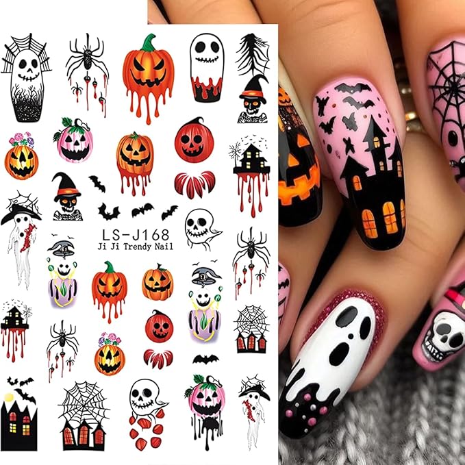 Halloween Nail Art Stickers 3D Pumpkin Flower Ghost Nail Stickers 6PCS Skull Ghosts Virus Leaf Bat Halloween Nails Design Adhesive Decals Manicure Nail Art Accessories Sliders for Women DIY Nail Art