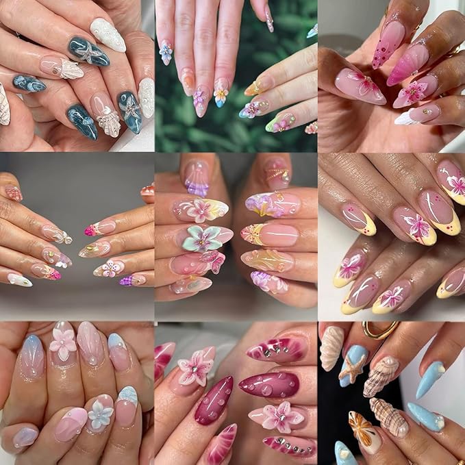 Summer Flower Nail Art Stickers Decals 5D Micro Embossed Hawaiian Flowers Nail Decals Tropical Ocean Starfish Summer Nail Stickers Lily Hibiscus Design Floral Nail Supplies for Acrylic Manicure 3Pcs