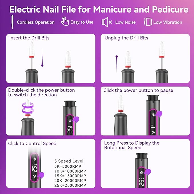 Portable Electric Nail Drill File 5 Speeds 12 in 1 with LED Display Rechargeable Professional Efile for Natural Acrylic Gel Powder Manicure Pedicure Nails, Pink