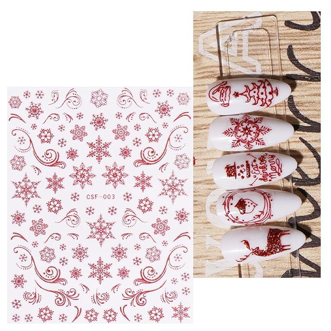 JMEOWIO 9 Sheets Christmas Glitter Nail Art Stickers Decals Self-Adhesive Red Nail Supplies Nail Art Design Decoration Accessories